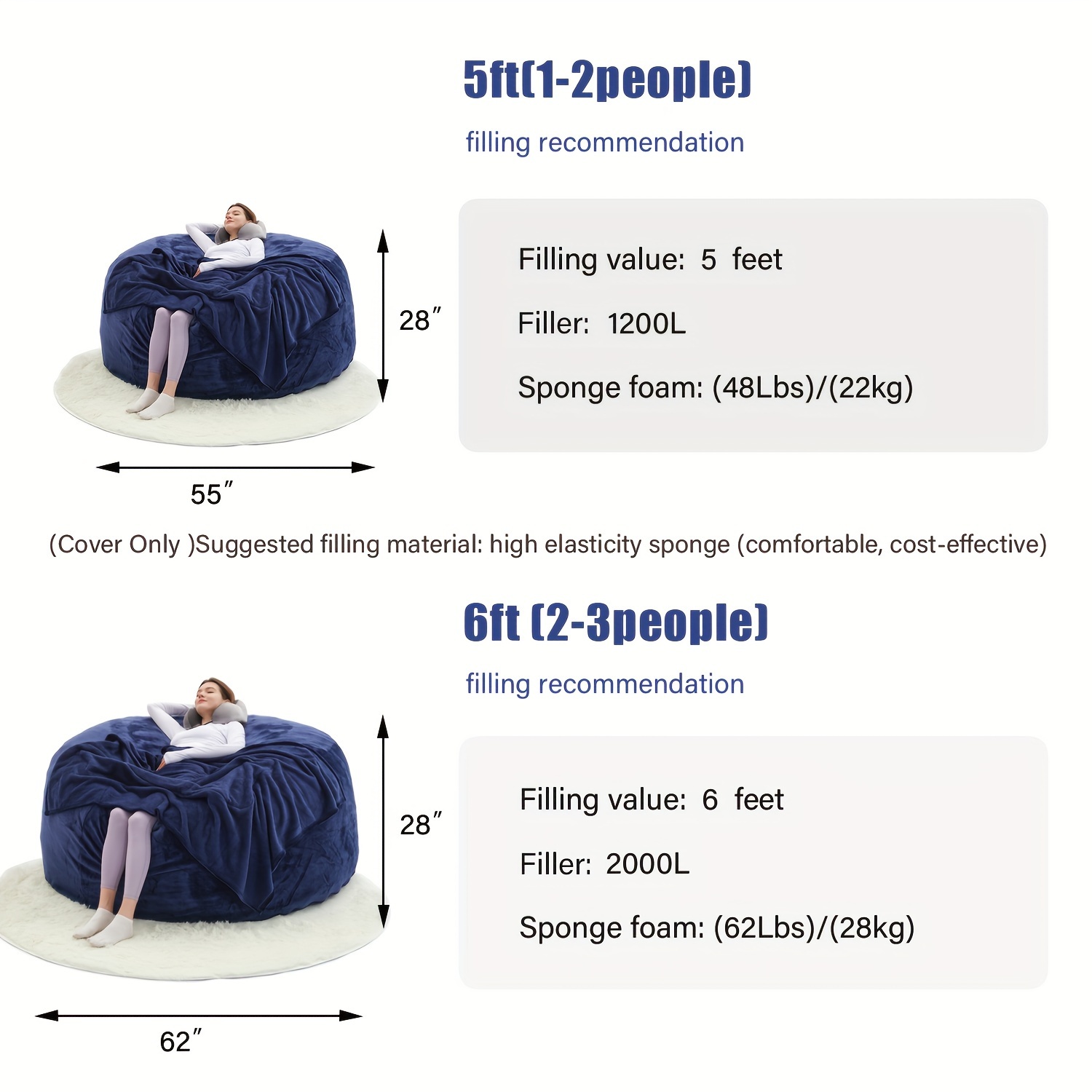 Giant 6' Memory Foam Furniture Bean Bag ( 3 Gifts: U-shaped Pillow, Blanket Pillow, 6-foot Rug)- Big Sofa With Soft Micro Fiber Cover - Image 5