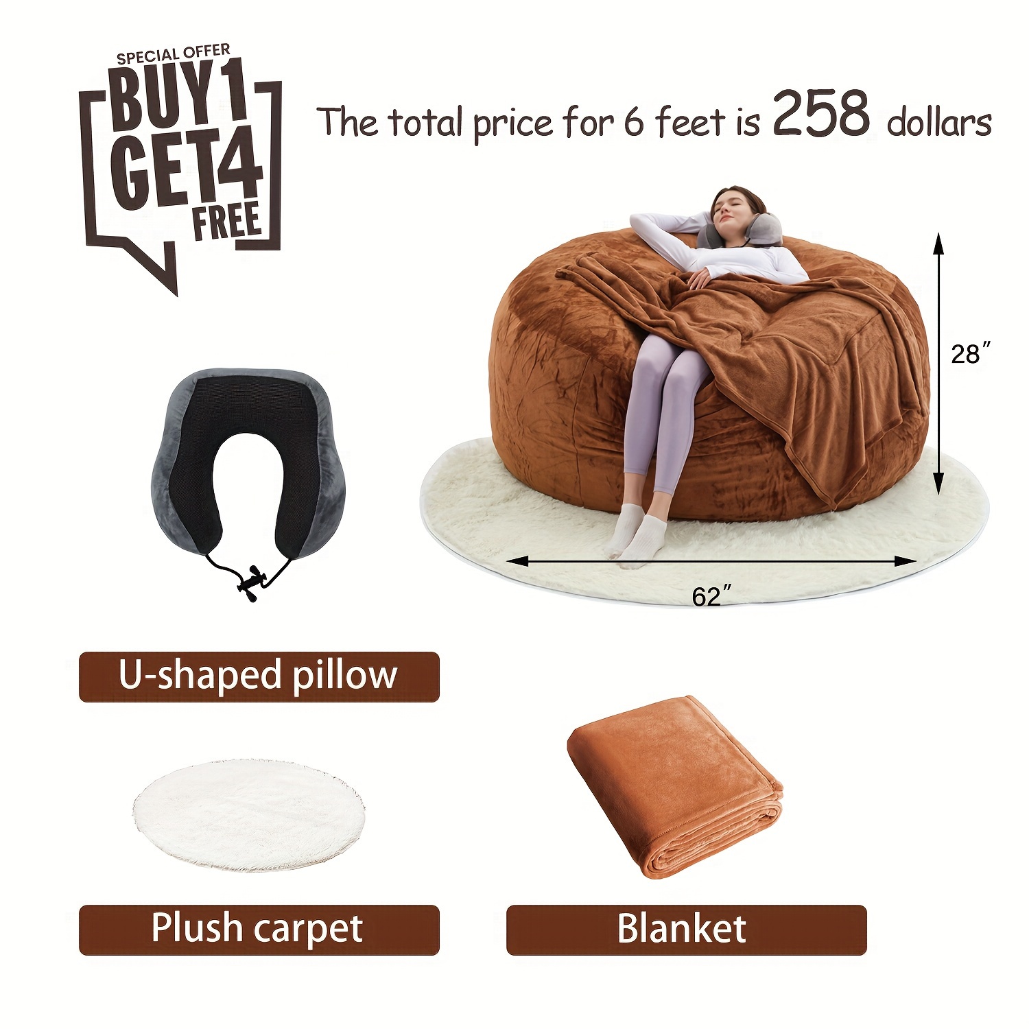 Giant 6' Memory Foam Furniture Bean Bag ( 3 Gifts: U-shaped Pillow, Blanket Pillow, 6-foot Rug)- Big Sofa With Soft Micro Fiber Cover - Image 13
