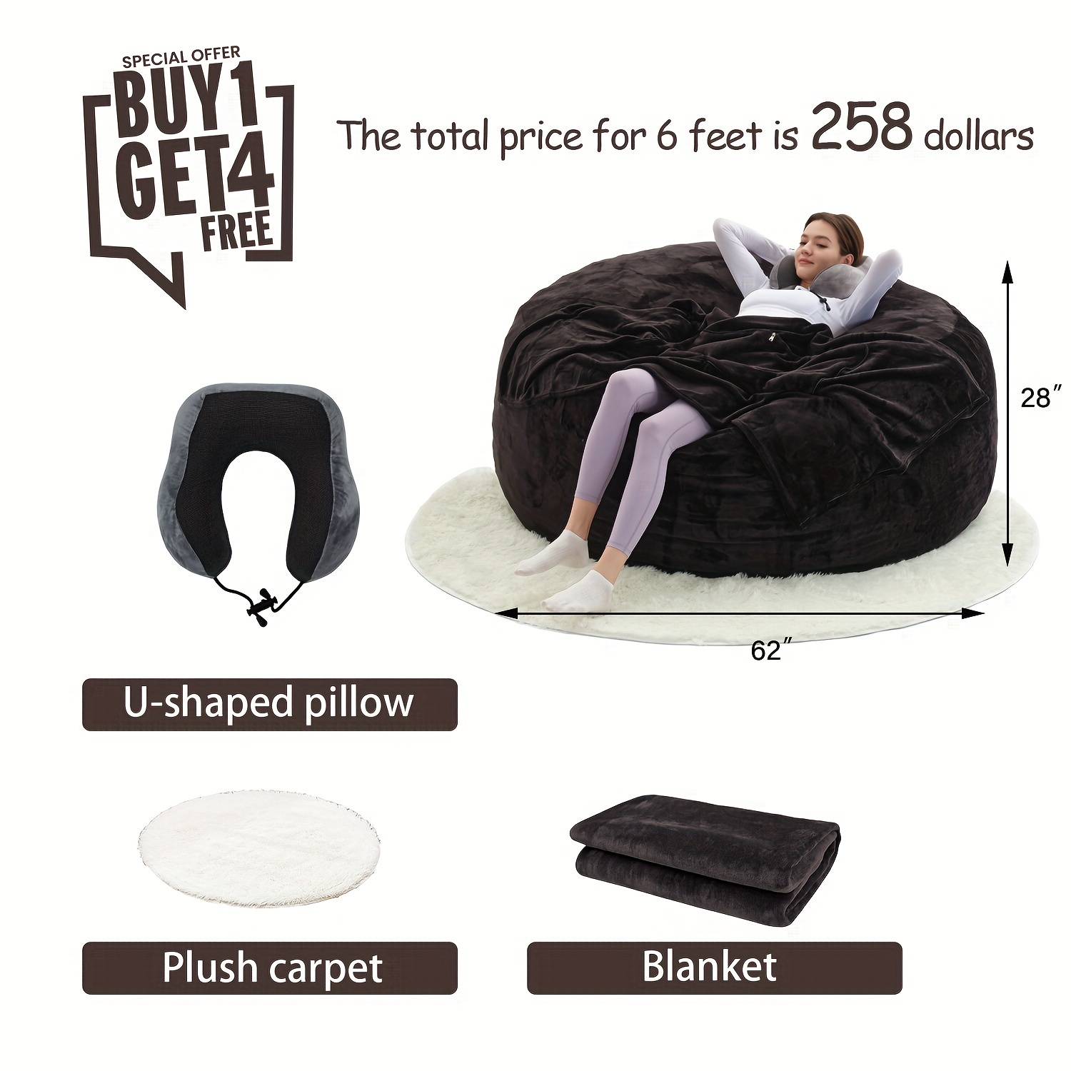 Giant 6' Memory Foam Furniture Bean Bag ( 3 Gifts: U-shaped Pillow, Blanket Pillow, 6-foot Rug)- Big Sofa With Soft Micro Fiber Cover - Image 10