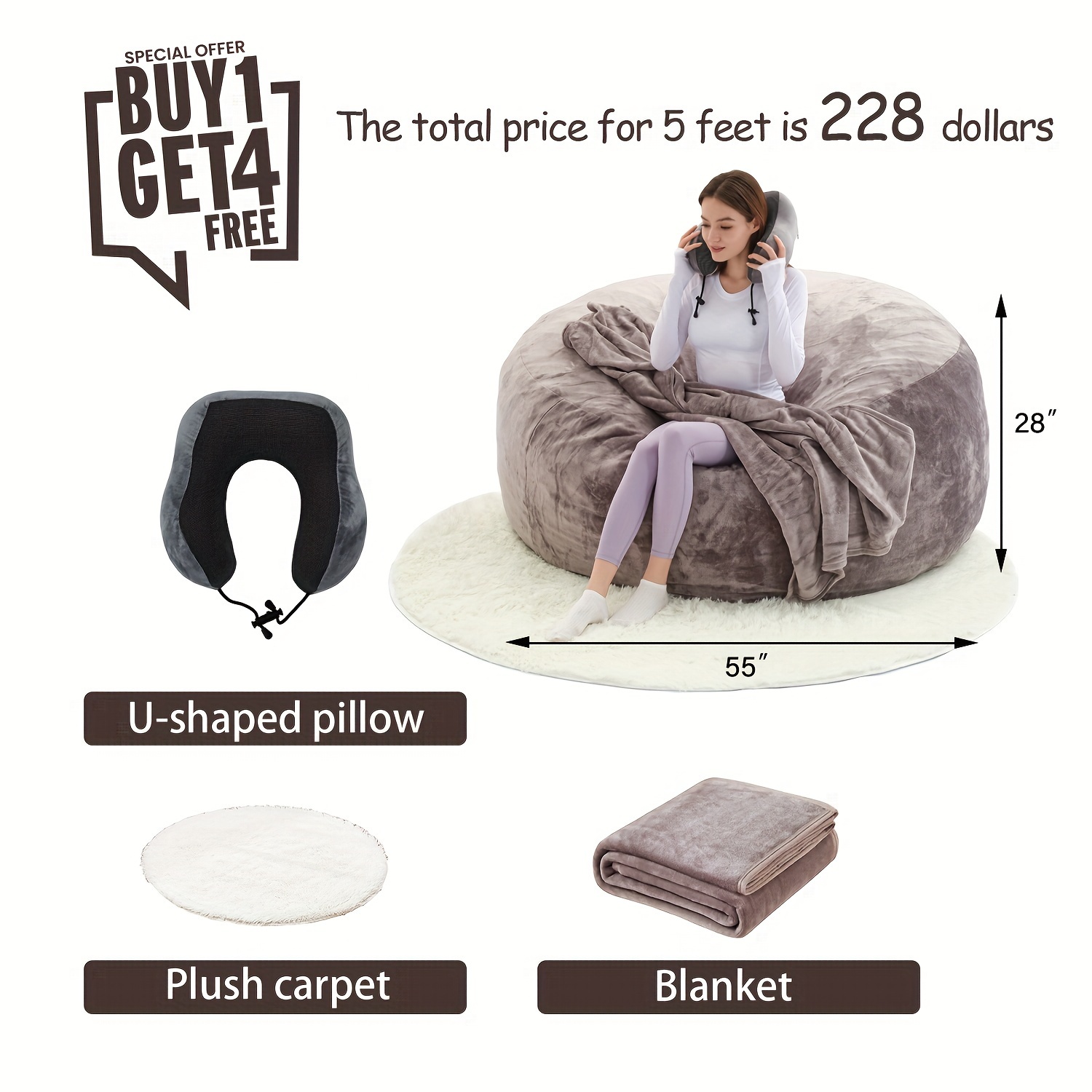 Giant 6' Memory Foam Furniture Bean Bag ( 3 Gifts: U-shaped Pillow, Blanket Pillow, 6-foot Rug)- Big Sofa With Soft Micro Fiber Cover - Image 4