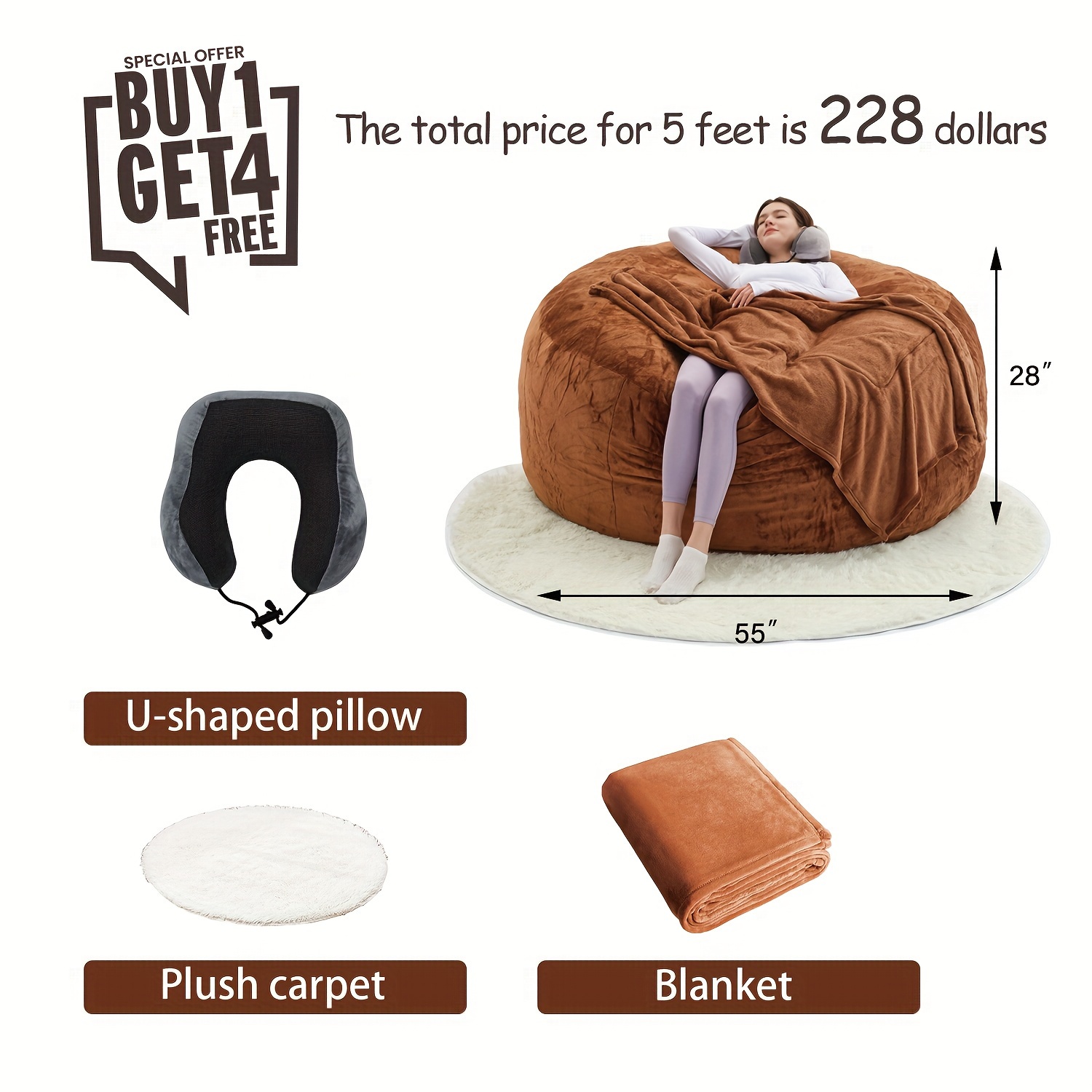 Giant 6' Memory Foam Furniture Bean Bag ( 3 Gifts: U-shaped Pillow, Blanket Pillow, 6-foot Rug)- Big Sofa With Soft Micro Fiber Cover - Image 11