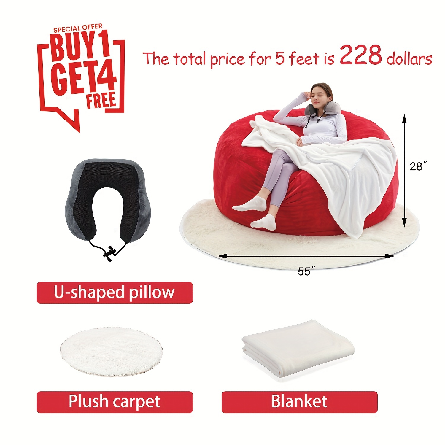 Giant 6' Memory Foam Furniture Bean Bag ( 3 Gifts: U-shaped Pillow, Blanket Pillow, 6-foot Rug)- Big Sofa With Soft Micro Fiber Cover - Image 20